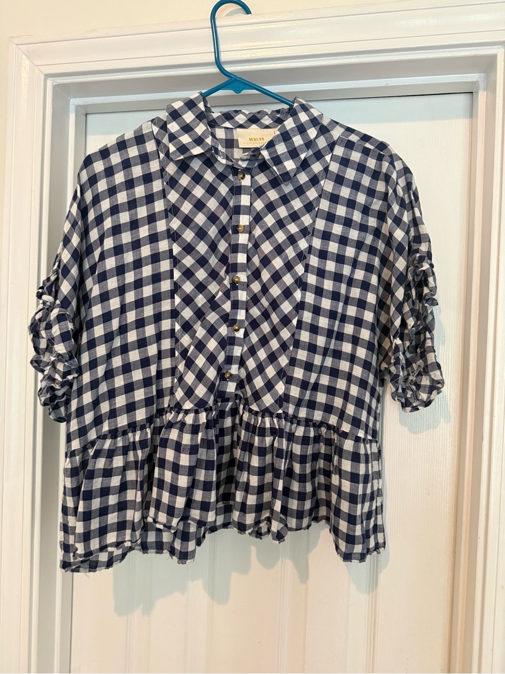 Maeve by Anthropologie Navy & White Gingham Ruffle Button-Front Top